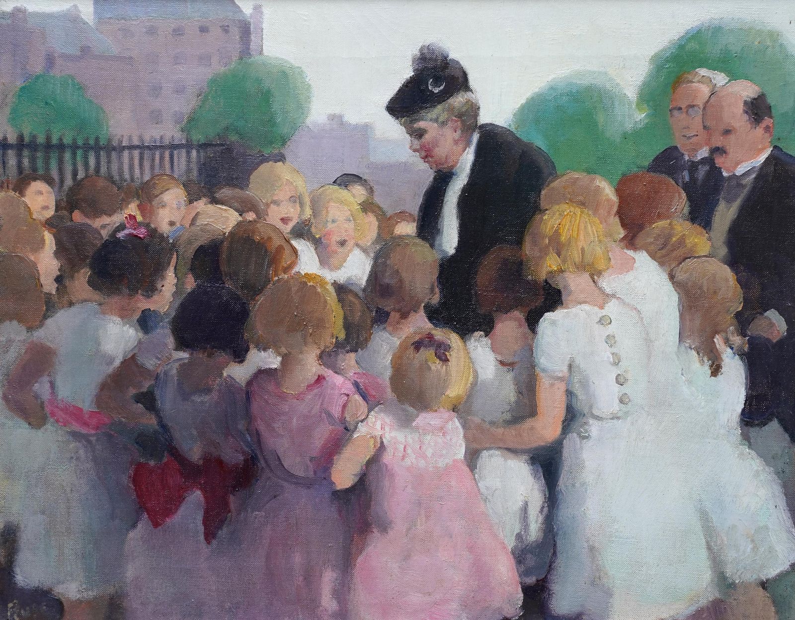 Gerald Spencer Prysequeen Mary Greeting School Children   British 1910 Royalty Portrait Oil Paintingcirca 1910 photo furniture