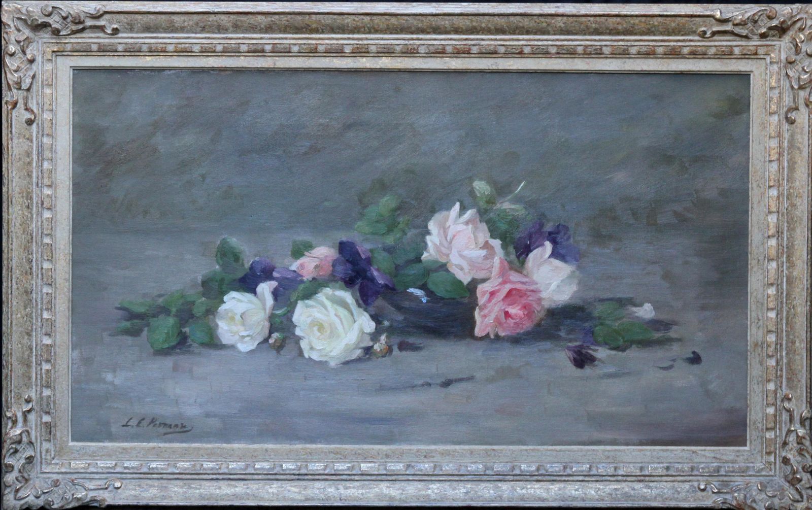 Louise Ellen Permanroses And Violets   Scottish Edwardian Art Floral Oil Painting Exhib 1908 Rsa1908