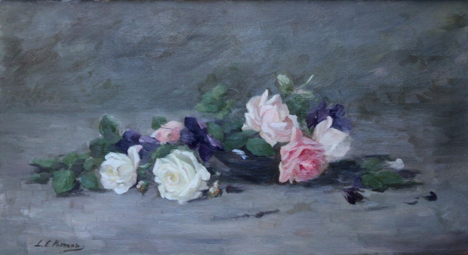 photo for sale Louise Ellen Permanroses And Violets   Scottish Edwardian Art Floral Oil Painting Exhib 1908 Rsa1908