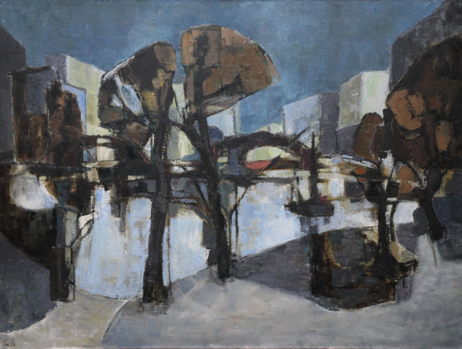 Helen Halewaterfront   British 1960's Art Abstract Expressionist Exhibited Oil Paintingcirca 1960 photo vintage
