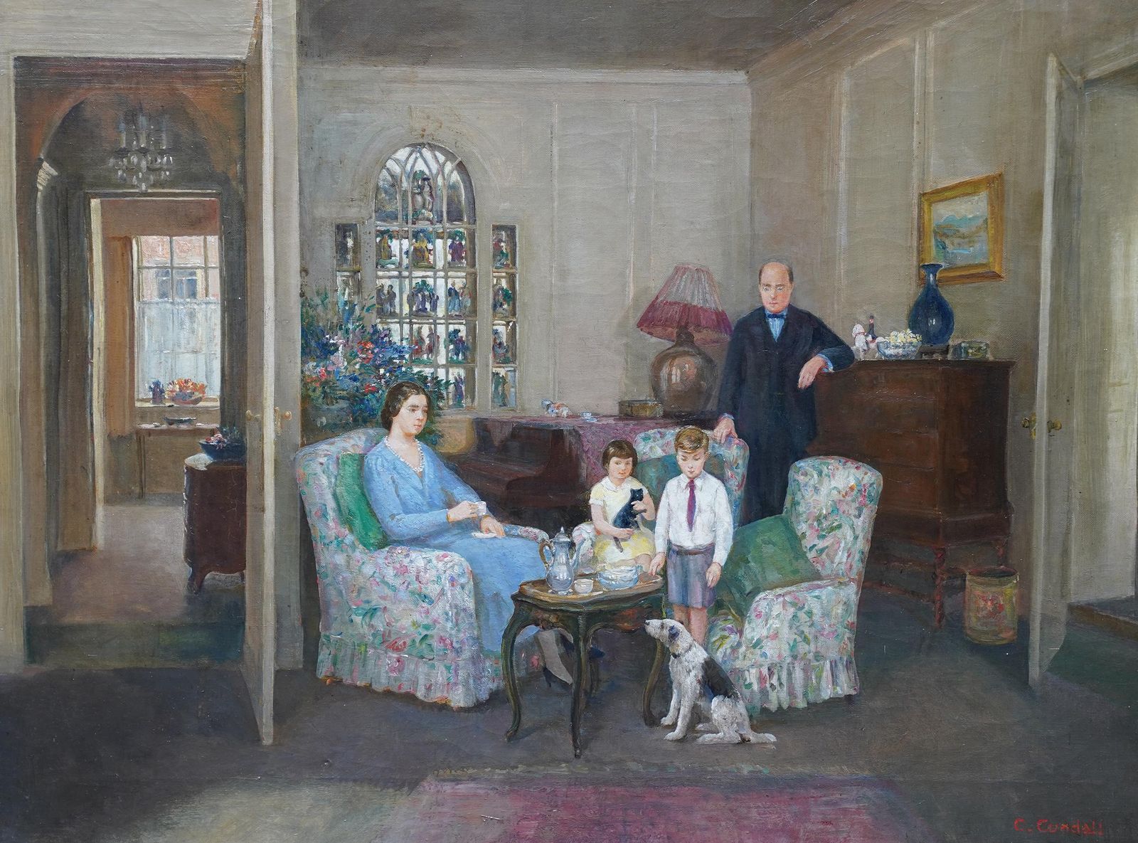 Charles Ernest Cundallportrait Of A Family In An Interior   British 1950's Art Oil Paintingcirca 1955 photo for sale