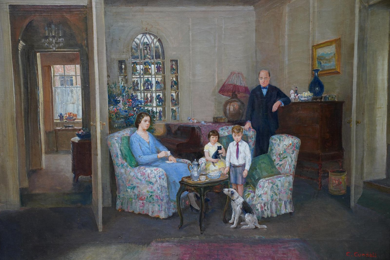 Charles Ernest Cundallportrait Of A Family In An Interior   British 1950's Art Oil Paintingcirca 1955 photo Art