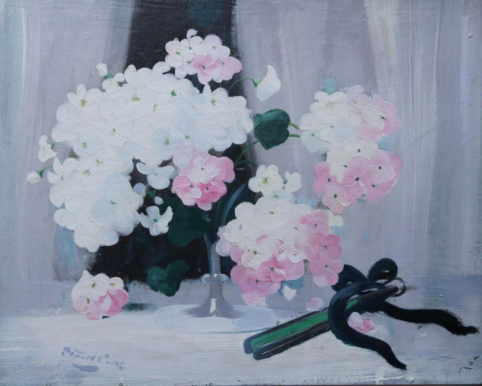 James Stuart Parkhydrangea With Fan   Scottish Art 19thc Glasgow Boy Artist Floral Oil Paintingcirca 1900 photo furniture