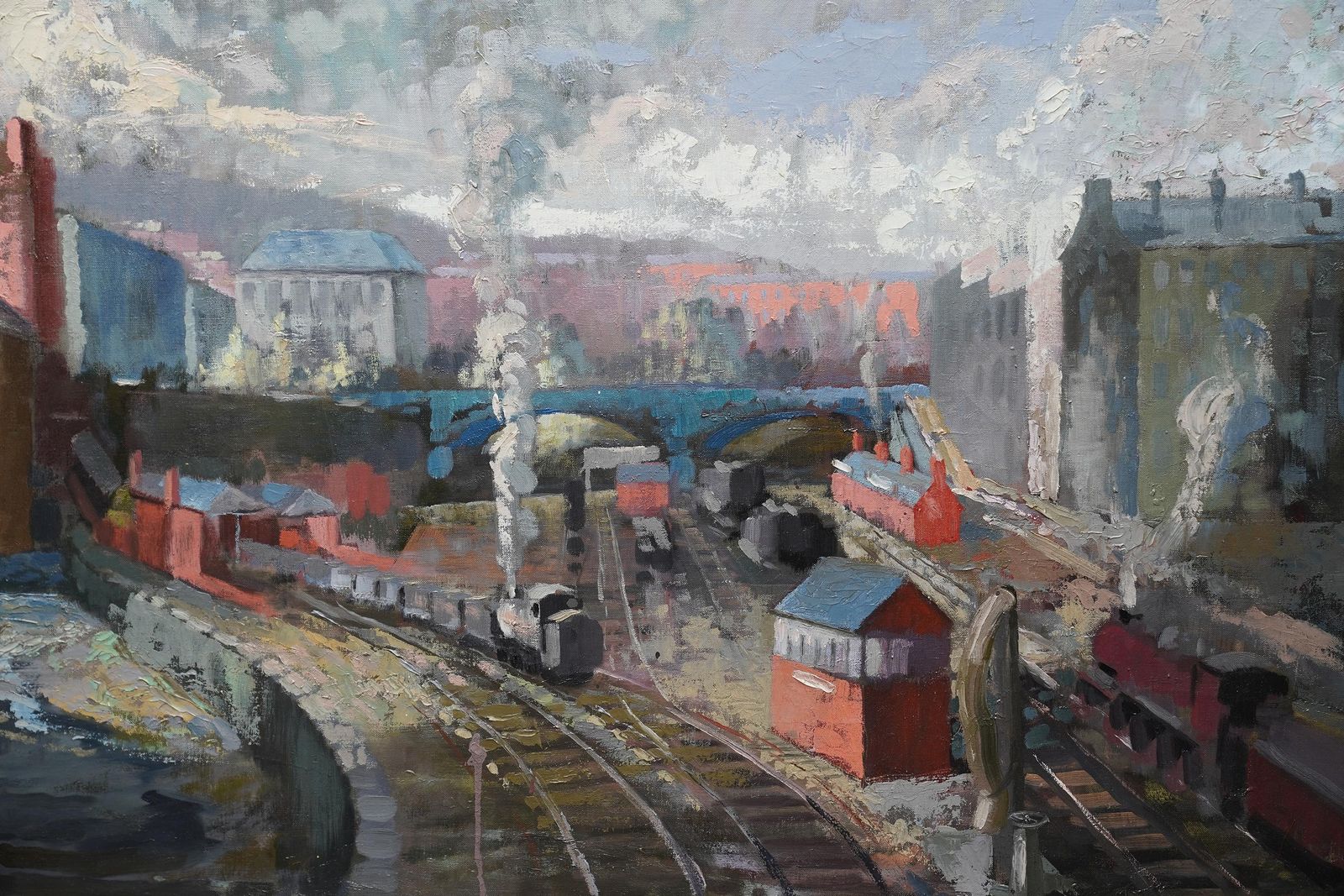 Harry Jefferson Barnesindustrial Railway Landscape   Scottish 50s Art Post Impressionist Oil Paintingcirca 1950 photo for sale