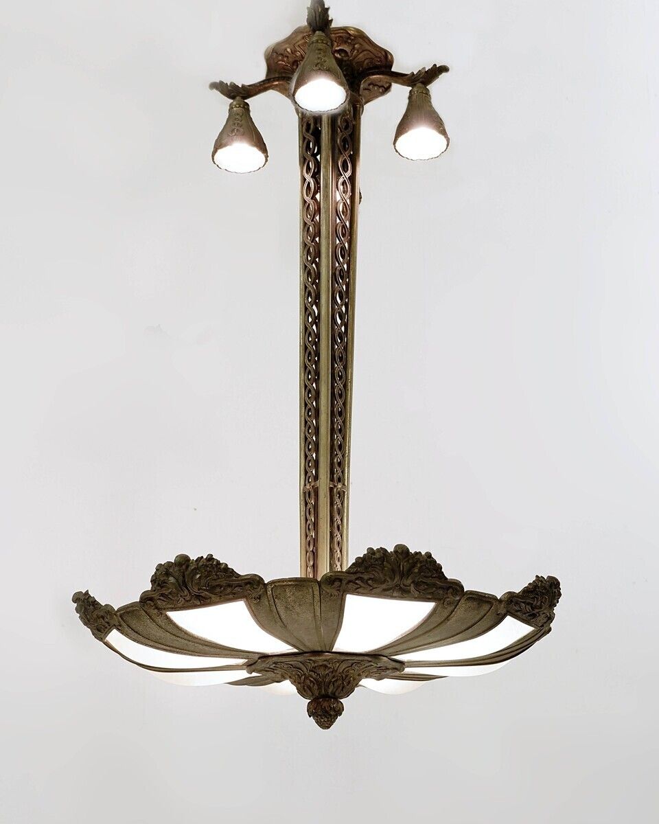 French Art Deco Frosted Glass And Bronze Pendant Chandelier, 1920s