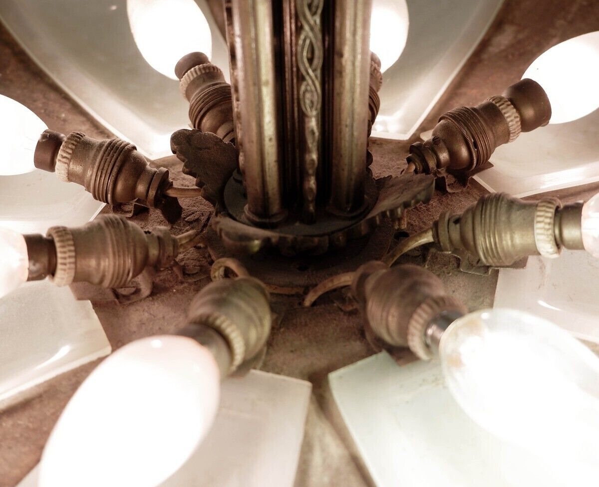 French Art Deco Frosted Glass And Bronze Pendant Chandelier, 1920s photo Lighting