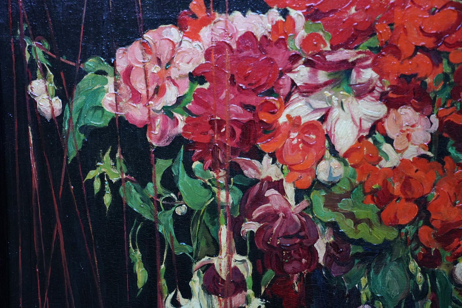 photo for sale Herbert Davis Richterstill Life Of Fuchsias, Geraniums And Marionettes   British 30's Oil Paintingcirca 1930