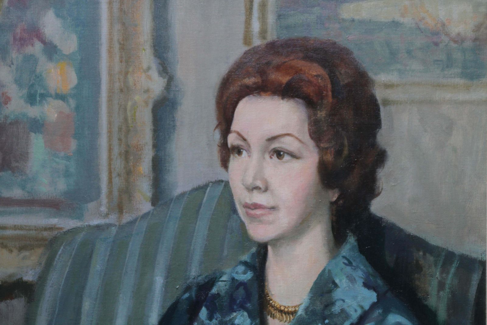 Harry Rutherfordportrait Of A Lady In Blue   British 20thc Art Oil Painting Living Room Interiorcirca 1970 photo for sale