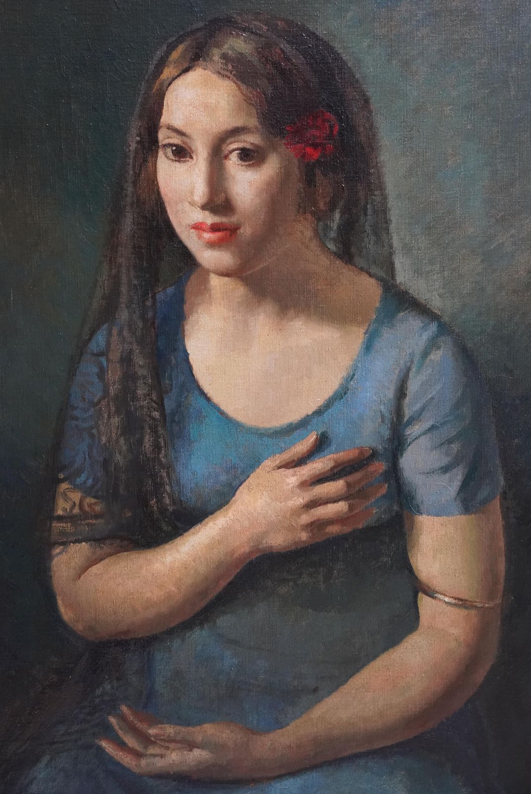 Lionel Ellisportrait Of A Seated Girl In Blue   British 1930's Art Portrait Oil Paintingcirca 1930 photo vintage