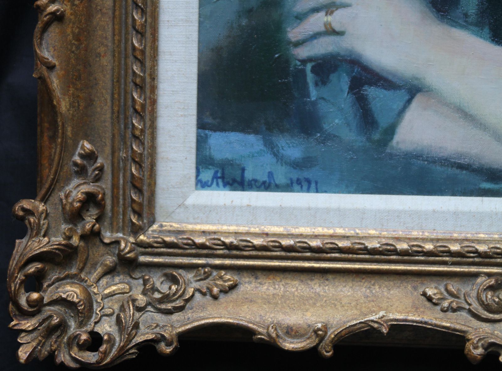 Harry Rutherfordportrait Of A Lady In Blue   British 20thc Art Oil Painting Living Room Interiorcirca 1970 photo vinterior