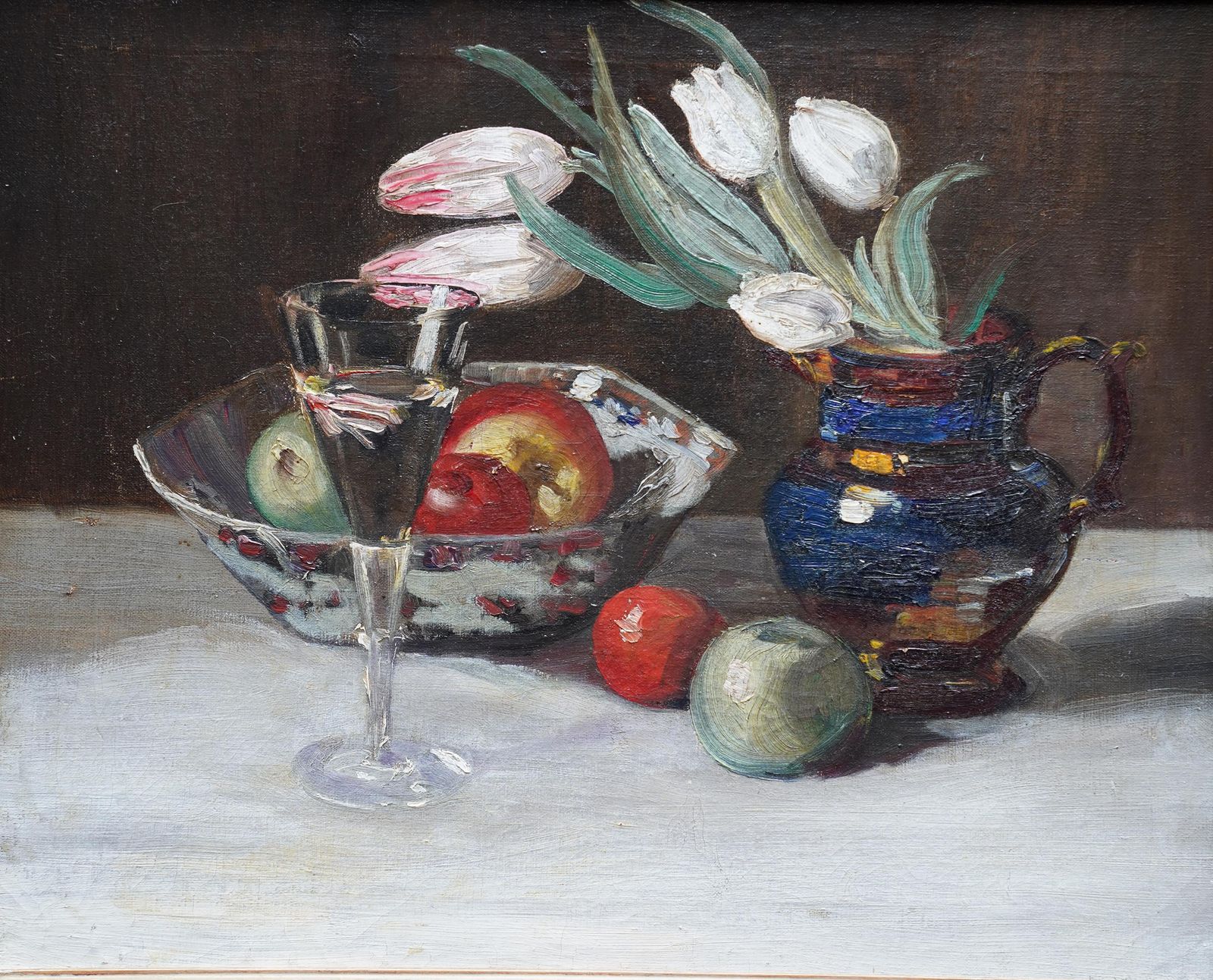 Still Life Of Tulips And Fruit   British 1920's Art Floral Oil Flowerscirca 1920 photo furniture