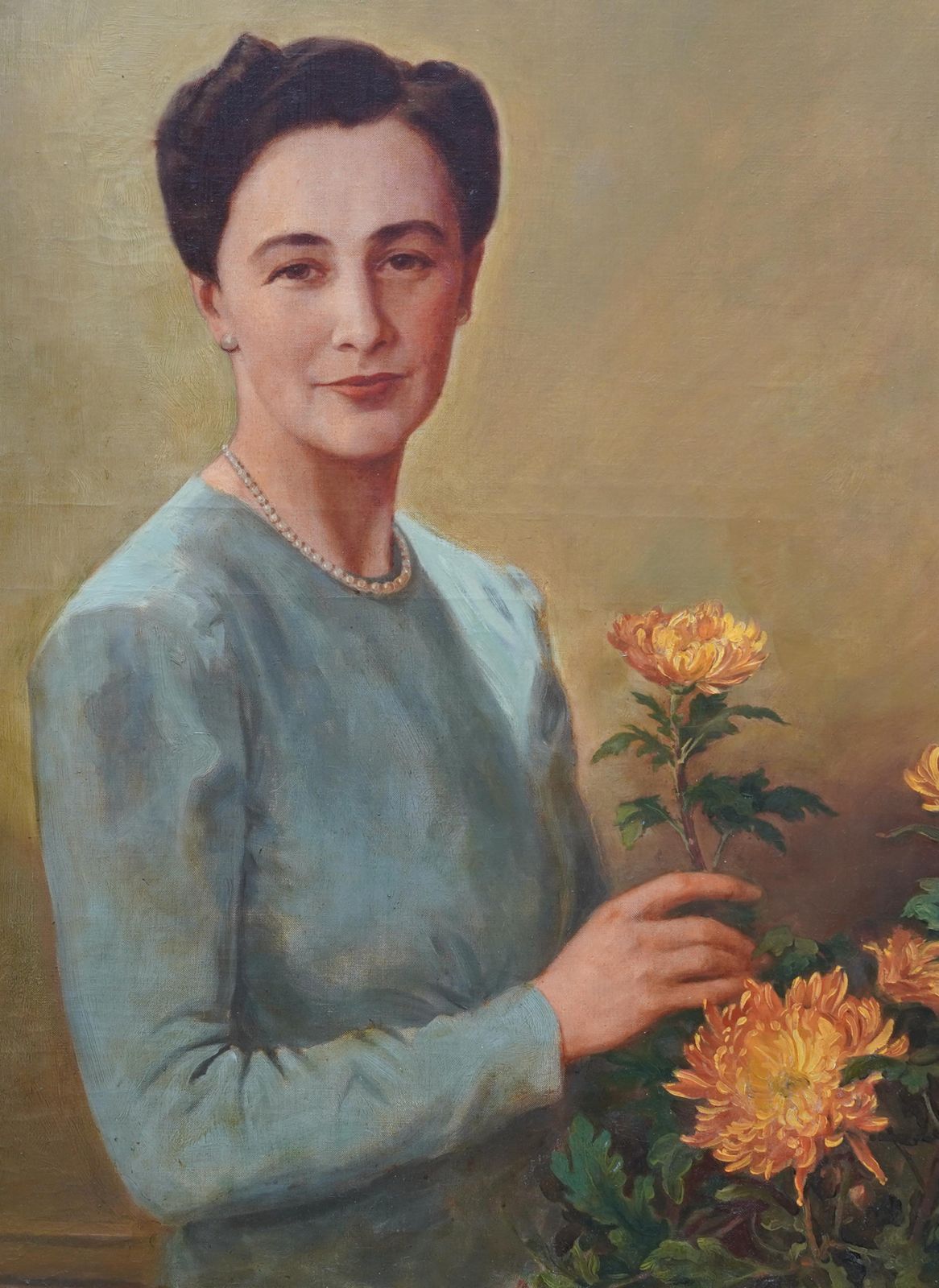 Portrait Of A Lady Arranging Flowers   British 1940's Art Oil Paintingcirca 1940 photo for sale