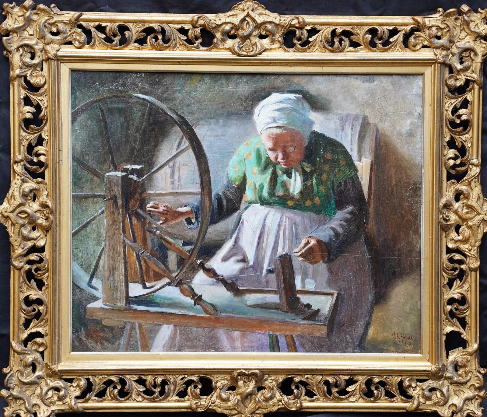 William Albert Ablettportrait Of Lady At Spinning Wheel   French 1901 Interior Portrait Oil Painting1901