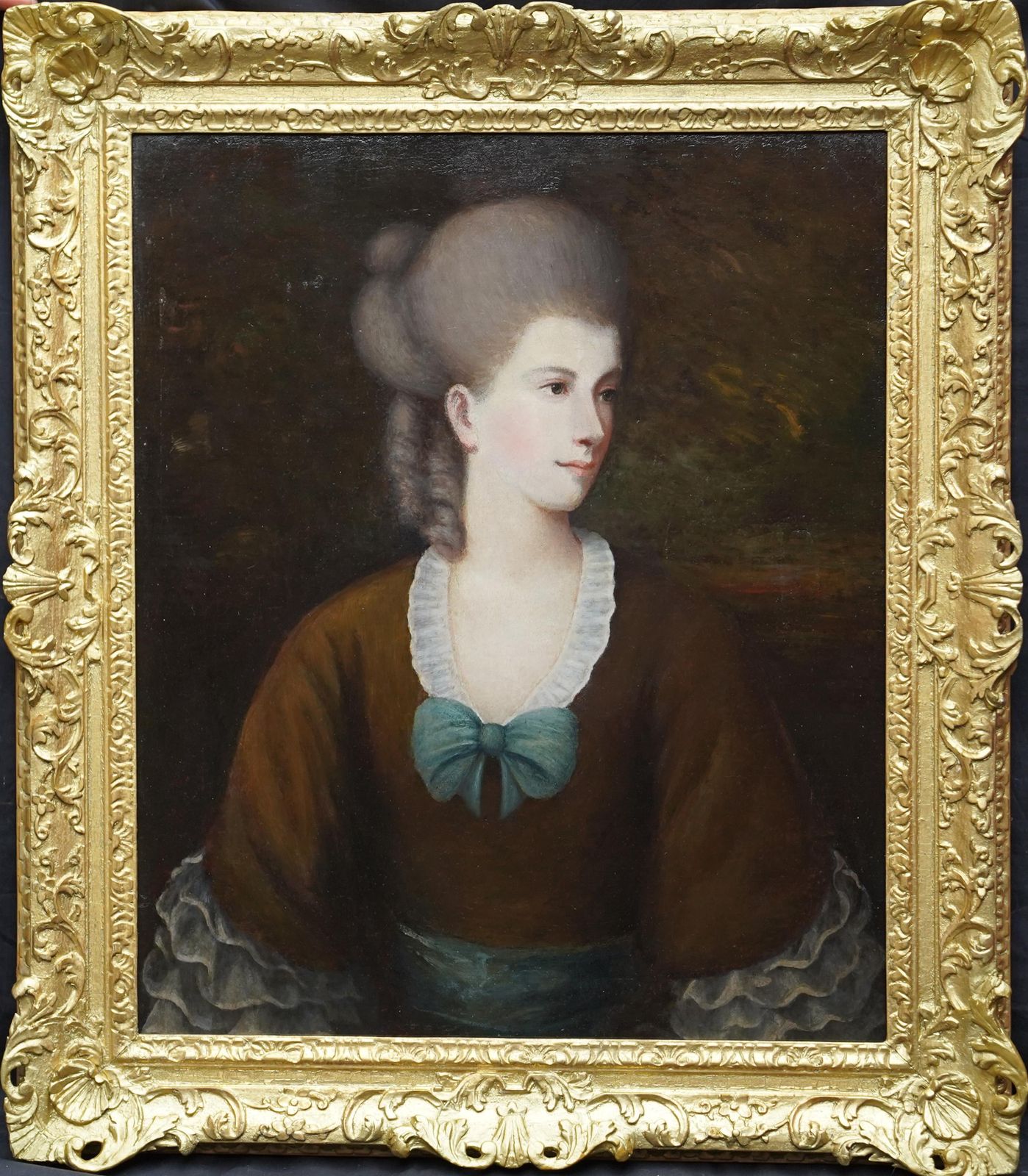 Portrait Of A Lady With A Blue Bow   British 18thc Art Old Master Oil Paintingcirca 1780