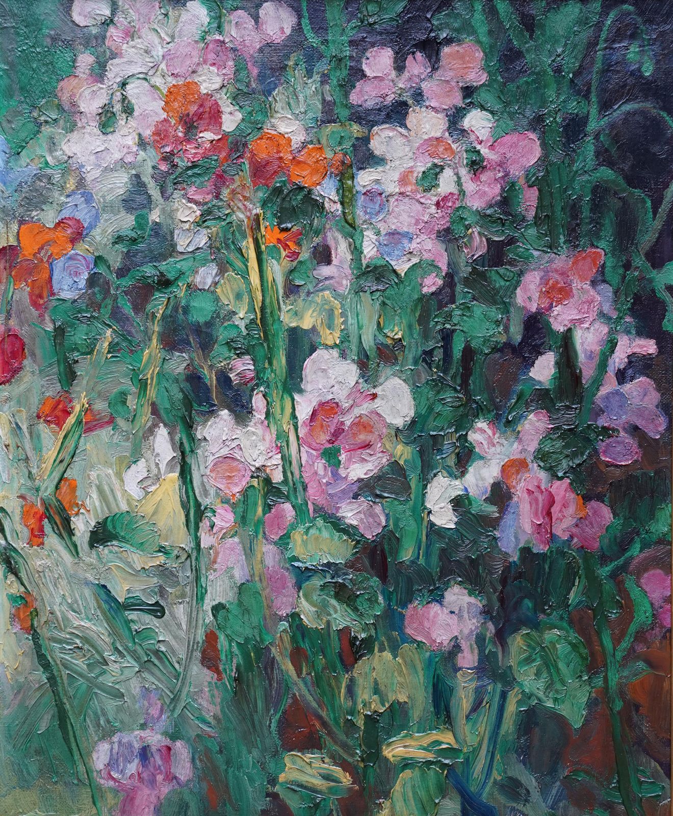 photo vintage Gerald Spencer Prysesweet Pea Flowers   British 1930's Art Floral Still Life Oil Paintingcirca 1930
