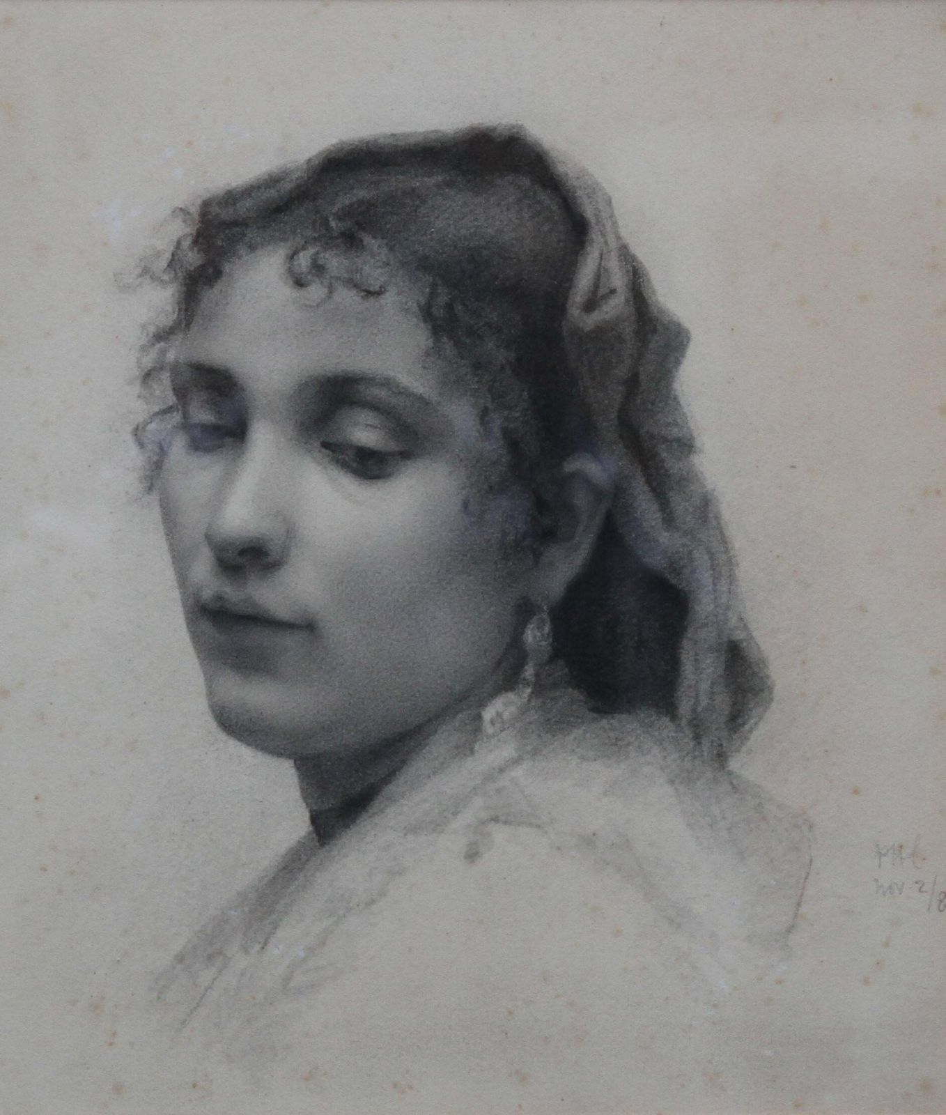 Unknownportrait Of A Lady   French 19th Century Art Realist Drawing Woman Covered Head1889 photo furniture