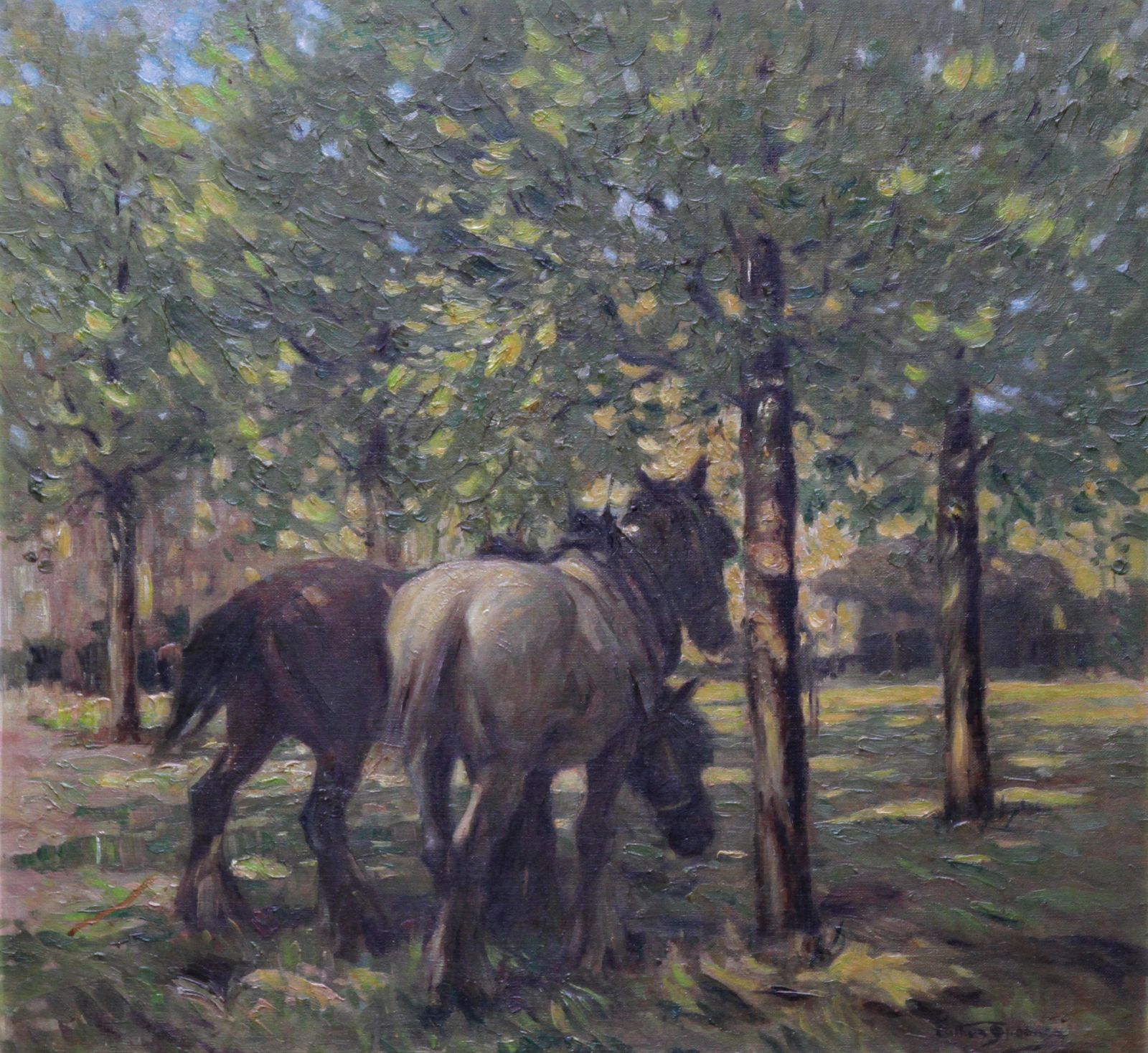 6937.0 Arthur Spoonerportrait Of Horses In Dappled Sunlight   British 30's Impressionist Oil Paintingcirca 1935 photo