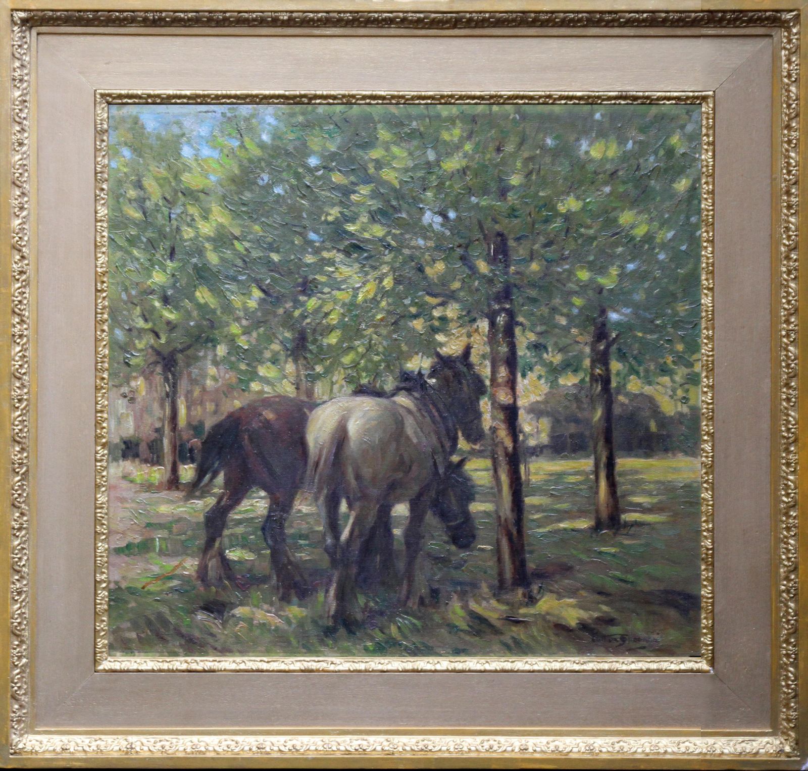 photo vinterior Arthur Spoonerportrait Of Horses In Dappled Sunlight   British 30's Impressionist Oil Paintingcirca 1935