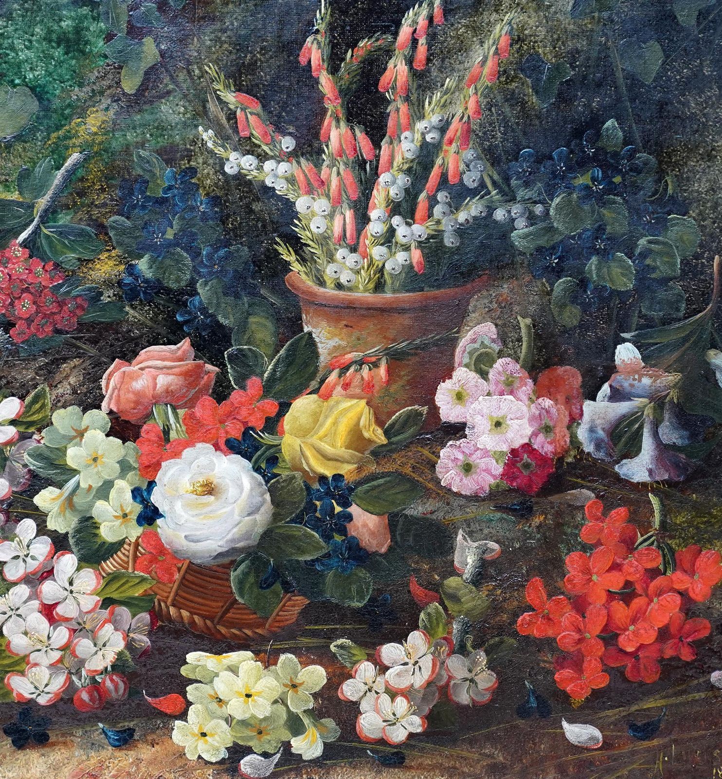 Henry John Livensstill Life With Flowers And Bird's Nest   British Art 1880 Floral Oil Painting1880 photo for sale