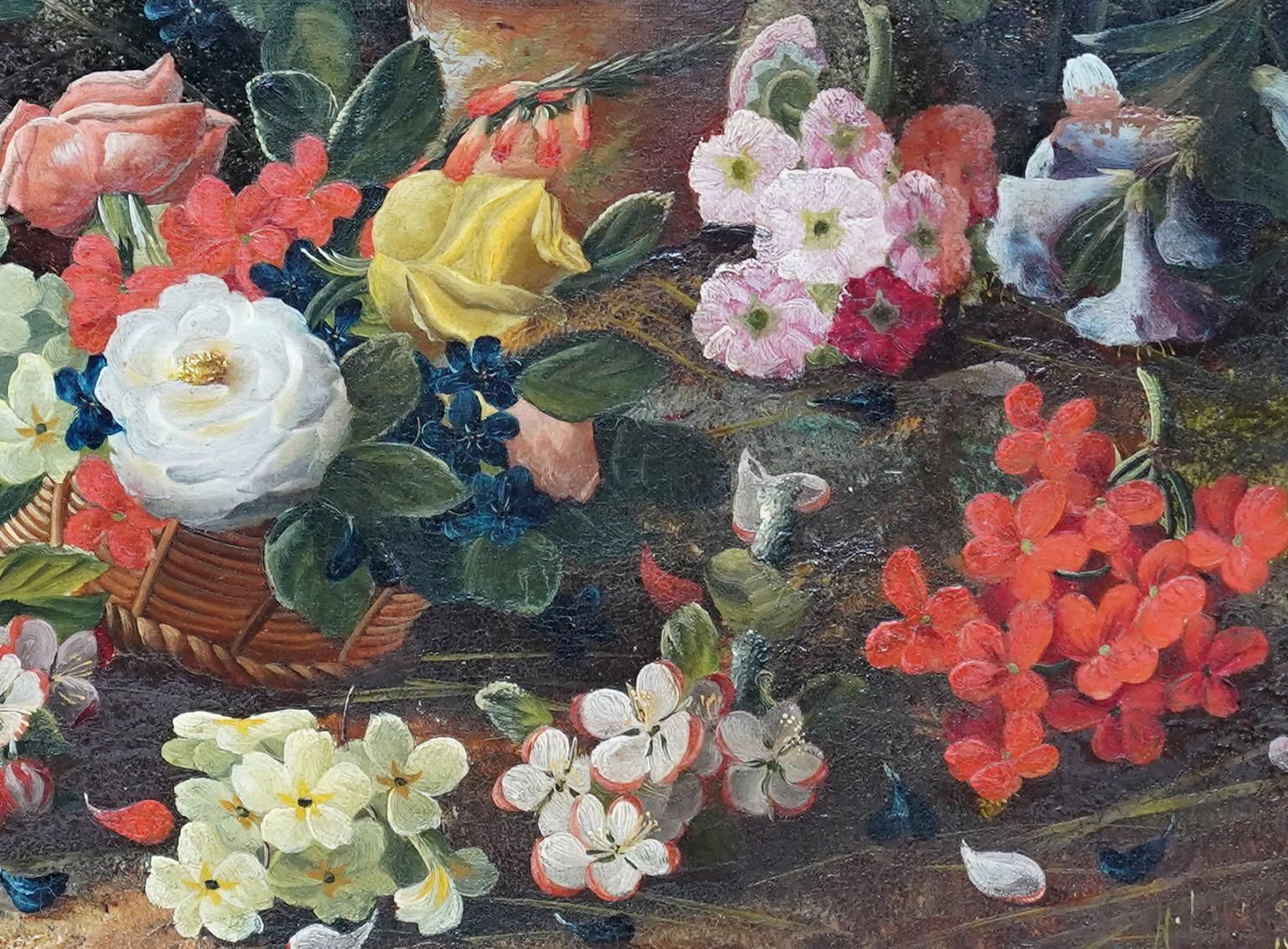 Henry John Livensstill Life With Flowers And Bird's Nest   British Art 1880 Floral Oil Painting1880 photo vintage
