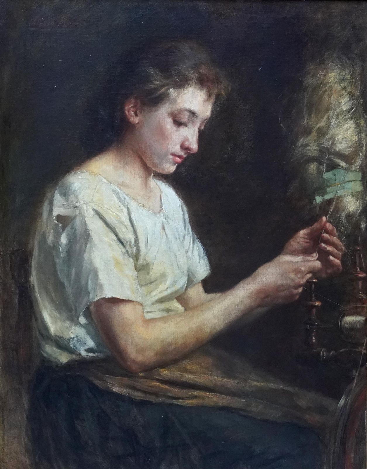 Alfred Ronnerthe Flax Spinner   Belgian Victorian Art Female Portrait Oil Painting Craftworkcirca 1890 photo furniture