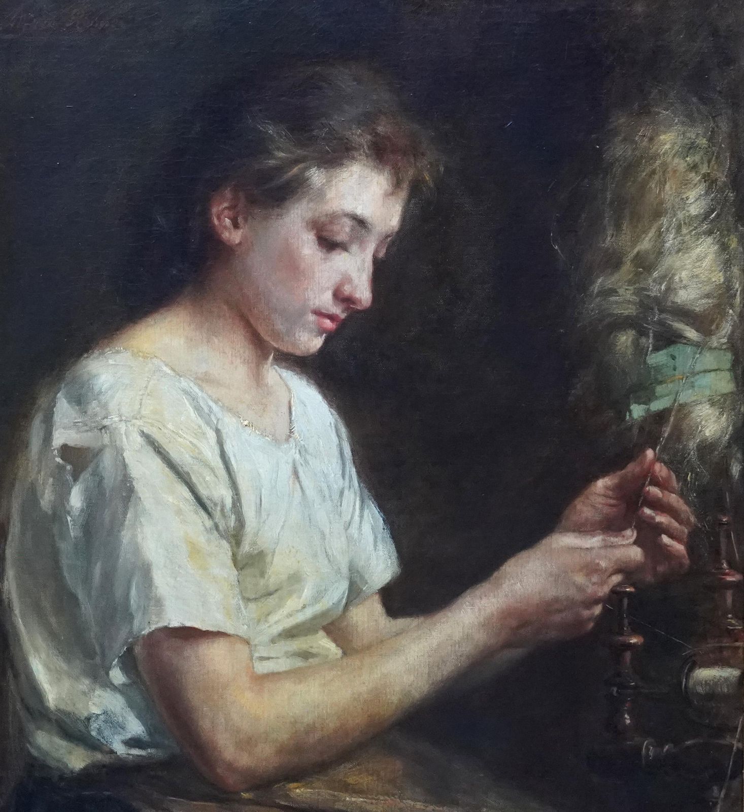 Alfred Ronnerthe Flax Spinner   Belgian Victorian Art Female Portrait Oil Painting Craftworkcirca 1890 photo for sale