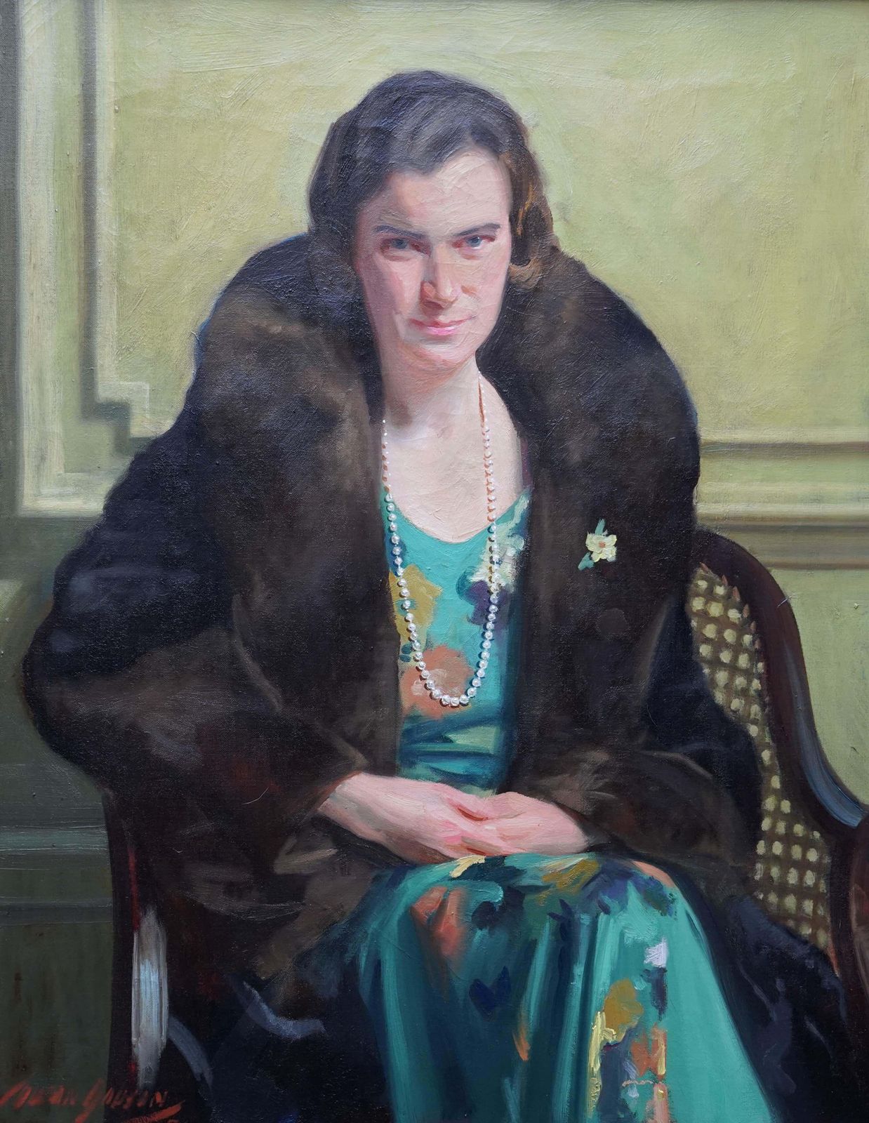 photo for sale David Cowan Dobsonportrait Of A Lady In Green Dress   Scottish 1930's Art Deco Oil Painting 1931