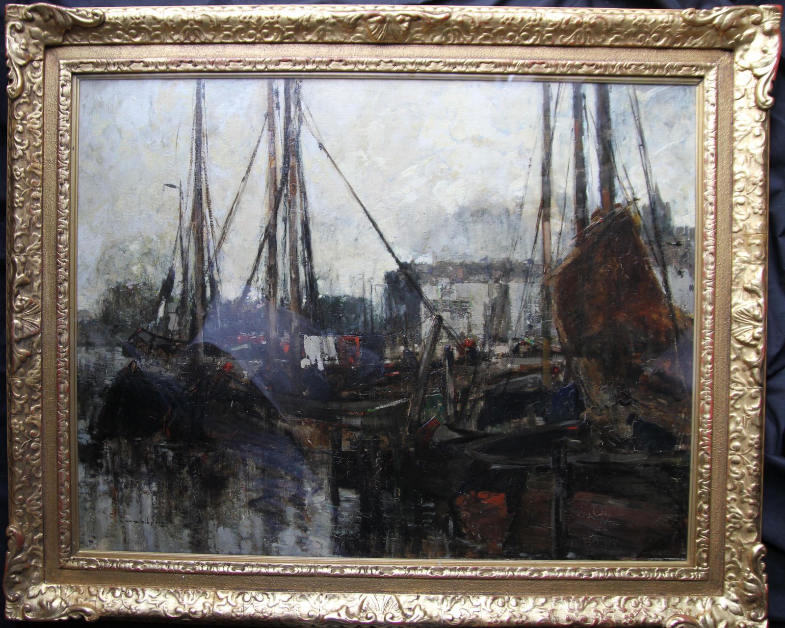 William Alfred Gibsonquayside   Edwardian Scottish Glasgow Impressionist Marine Harbour Oil Paintingcirca 1910 photo vintage