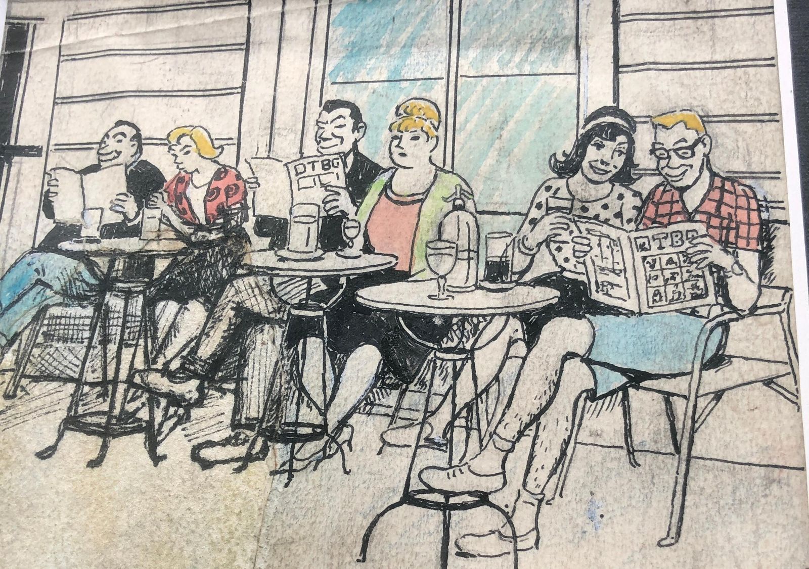 Ricard Opisso Sala People On The Bar Terrace Spanish Modernism Colored Pencils C.1930 photo 1400.0