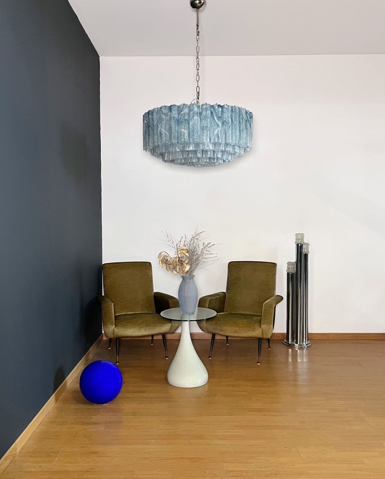 Large Murano Glass Chandelier  101 Blue Alabaster Glass Tube photo for sale
