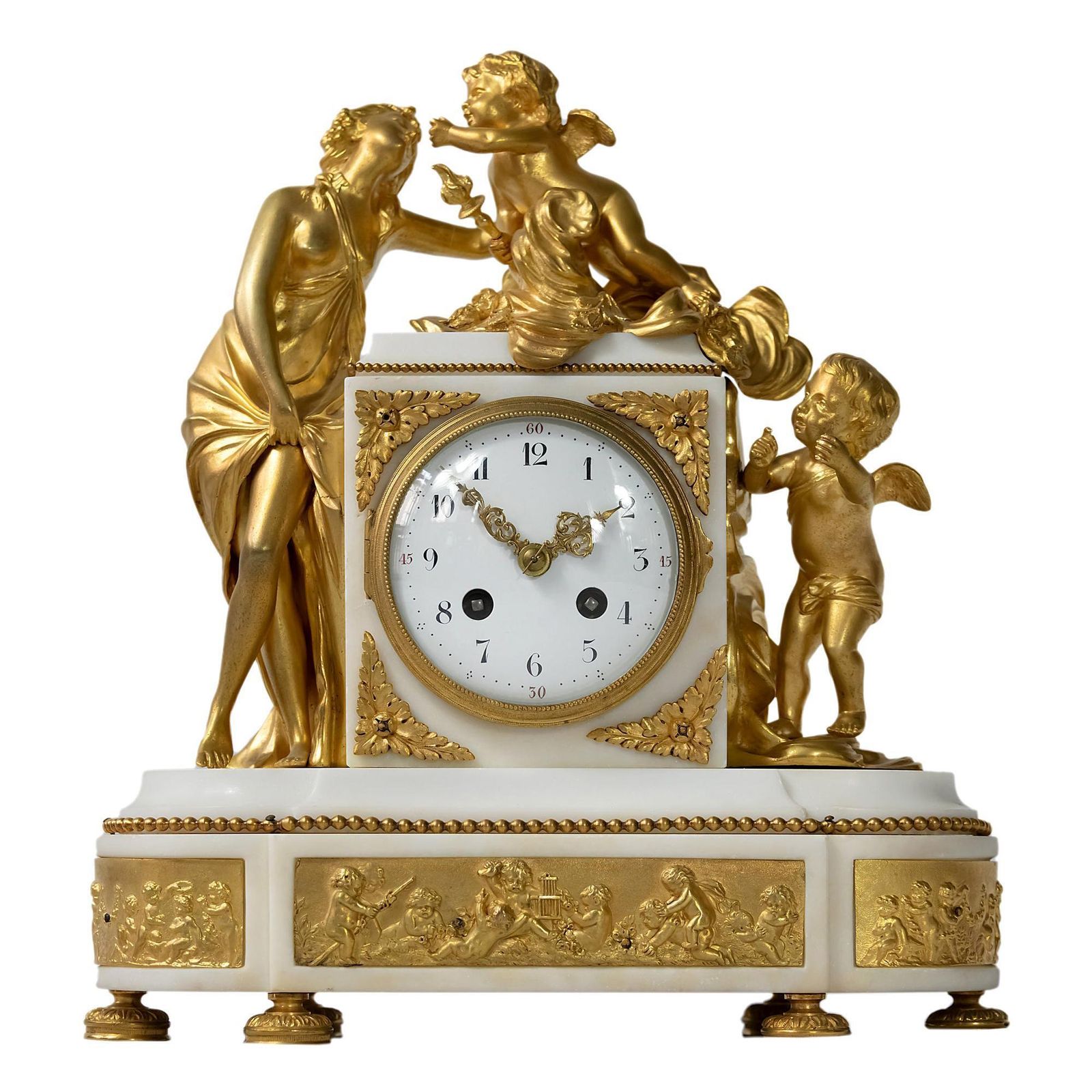 French 19th Century Louis XVI Gilded Bronze And Marble Mantel Clock