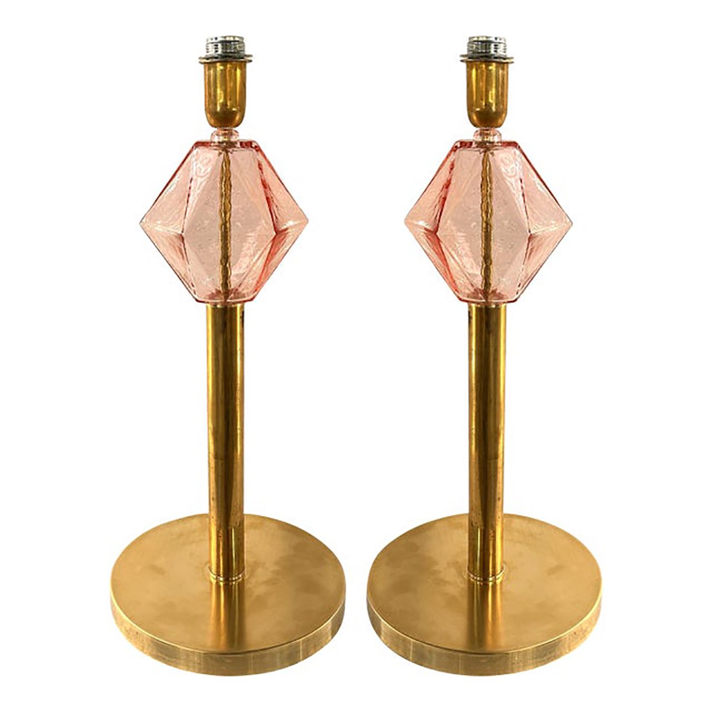 Set Of Two Contemporary Italian Pink Murano Style Glass Table Lamps With Unlaquered Brass