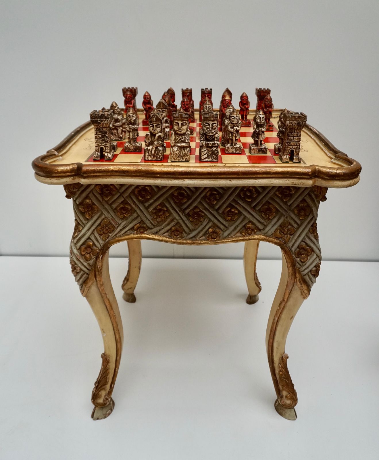 Games Chess Set Of Handcrafted And Painted Wood Pieces With Table And Board photo for sale