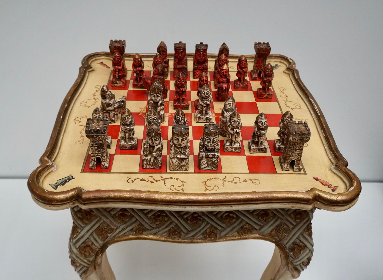 Games Chess Set Of Handcrafted And Painted Wood Pieces With Table And Board photo vinterior