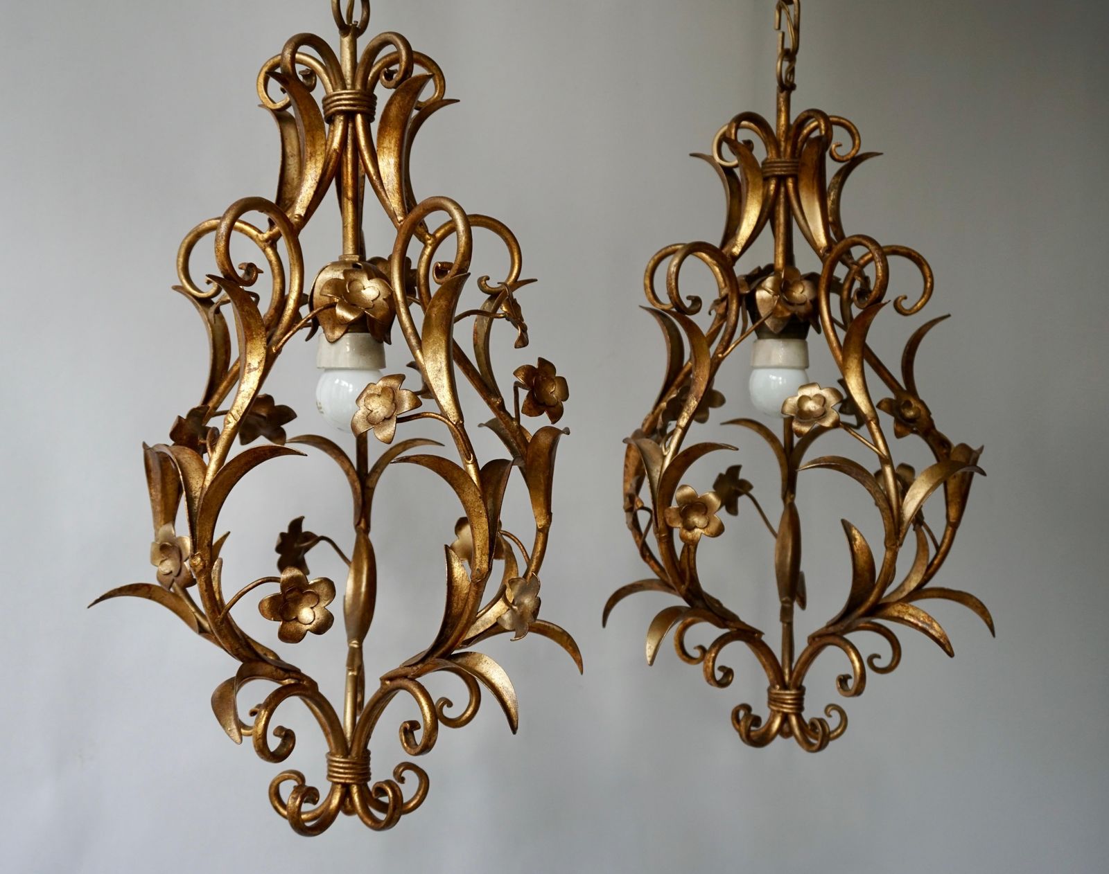 Set Of Two Italian, 1950s Gilt Tole Foliate Chandeliers photo furniture