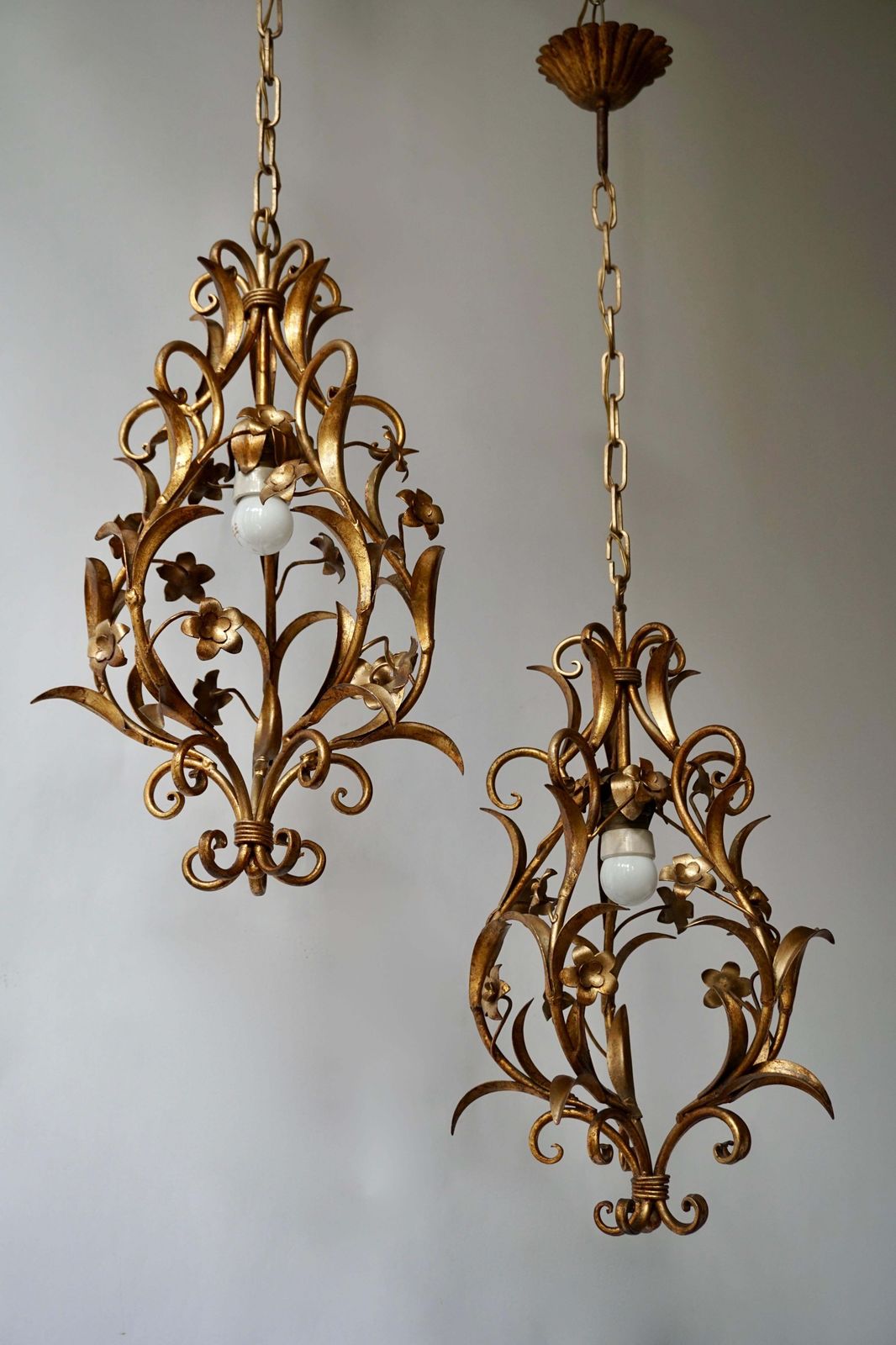 Set Of Two Italian, 1950s Gilt Tole Foliate Chandeliers photo buy