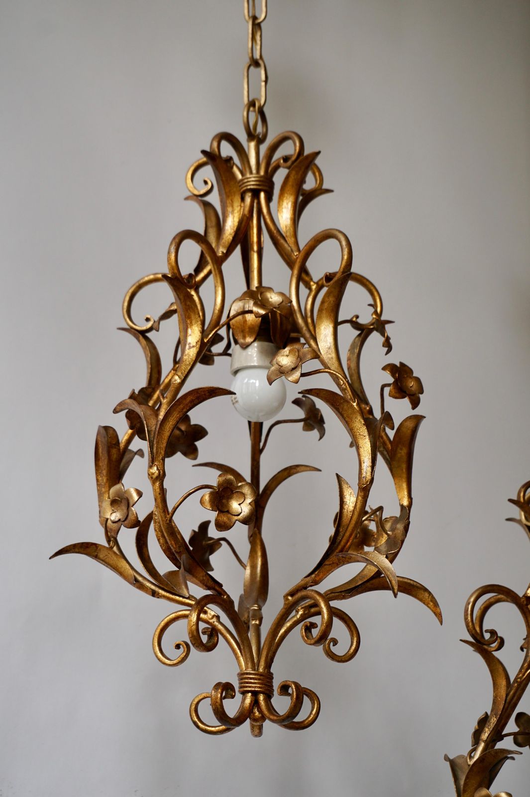 Set Of Two Italian, 1950s Gilt Tole Foliate Chandeliers photo vintage