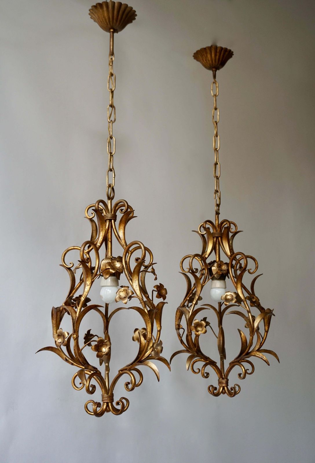 Set Of Two Italian, 1950s Gilt Tole Foliate Chandeliers photo for sale