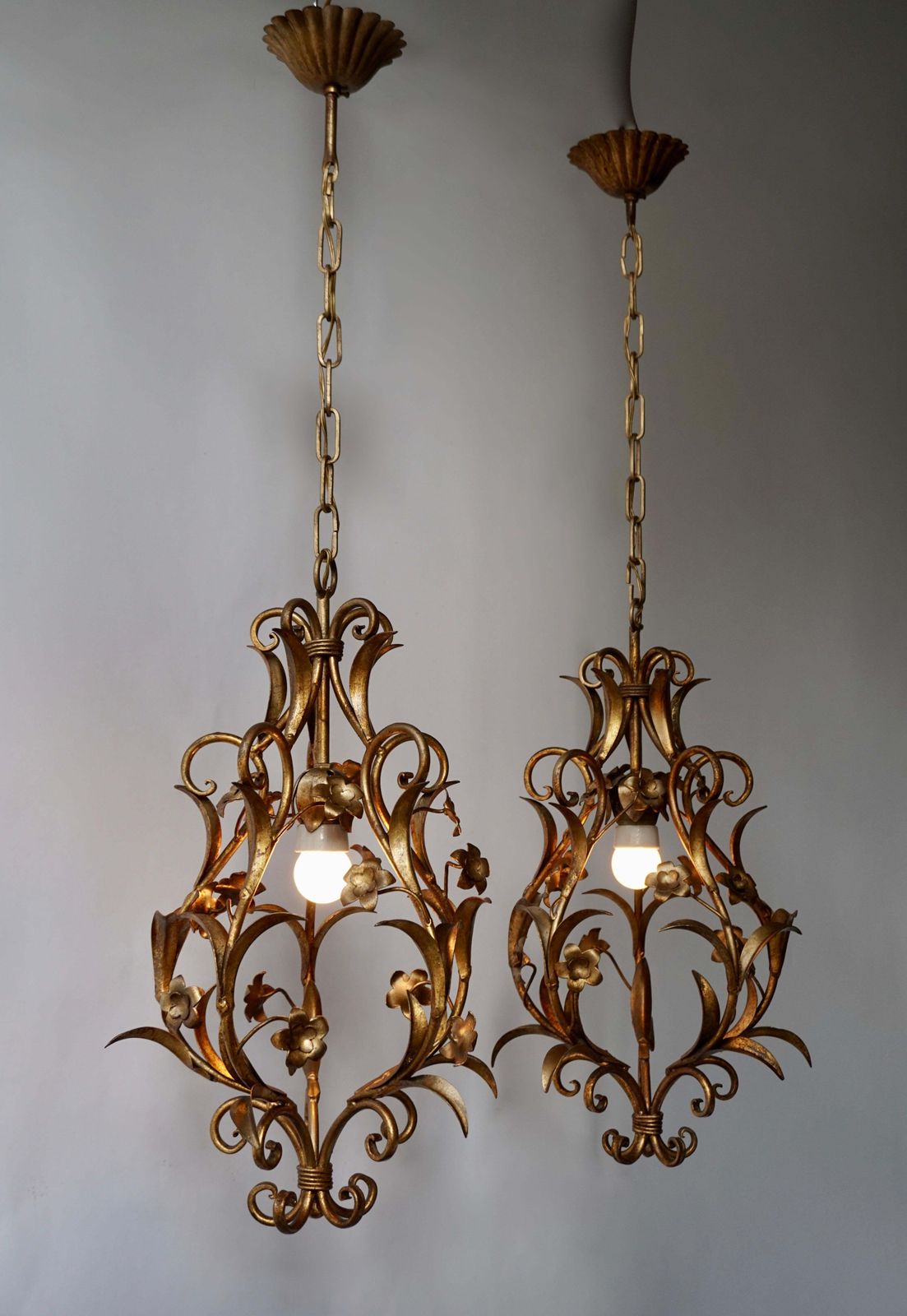 Set Of Two Italian, 1950s Gilt Tole Foliate Chandeliers photo Lighting