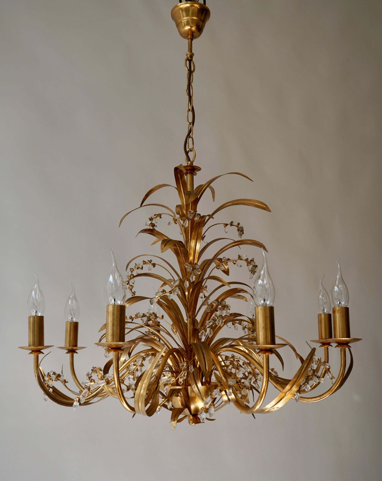 Italian Gilt Tole And Crystal Palm Frond Chandelier photo vintage