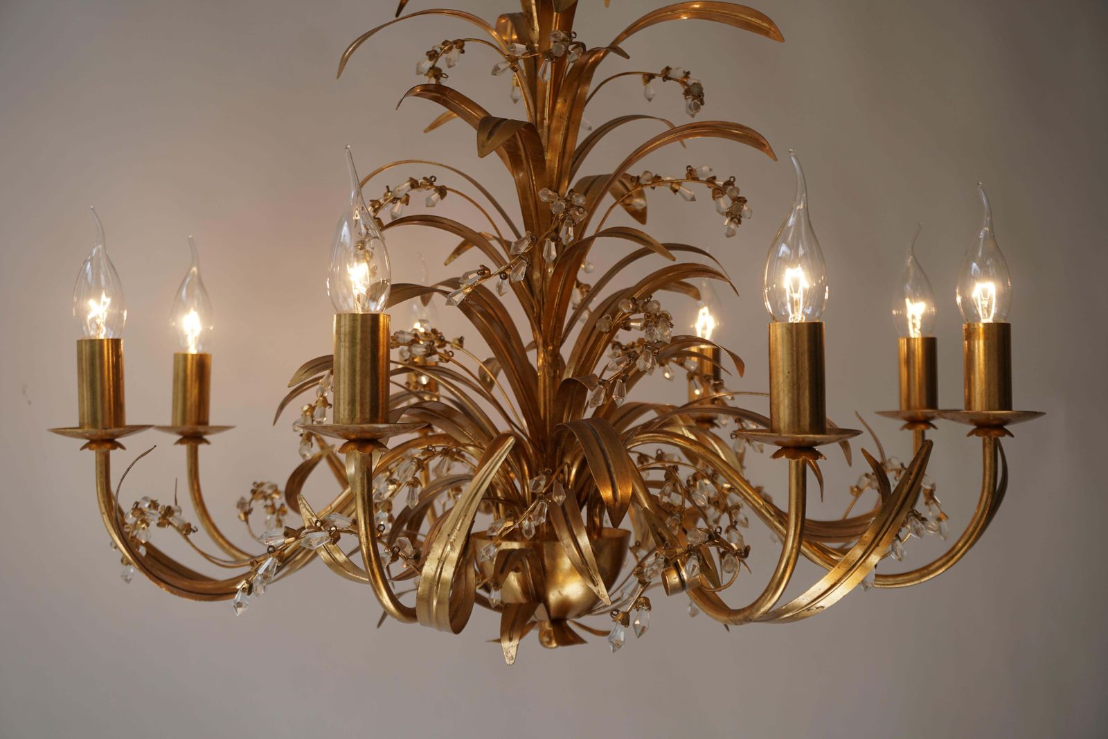 Lighting Italian Gilt Tole And Crystal Palm Frond Chandelier photo