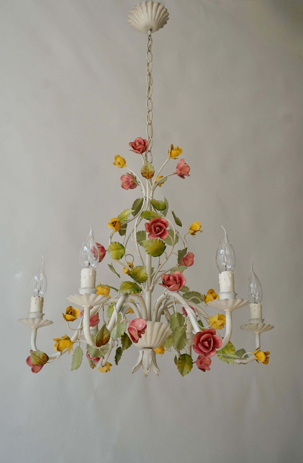 Mid Century Tole Italian Flower Six Light Chandelier photo for sale