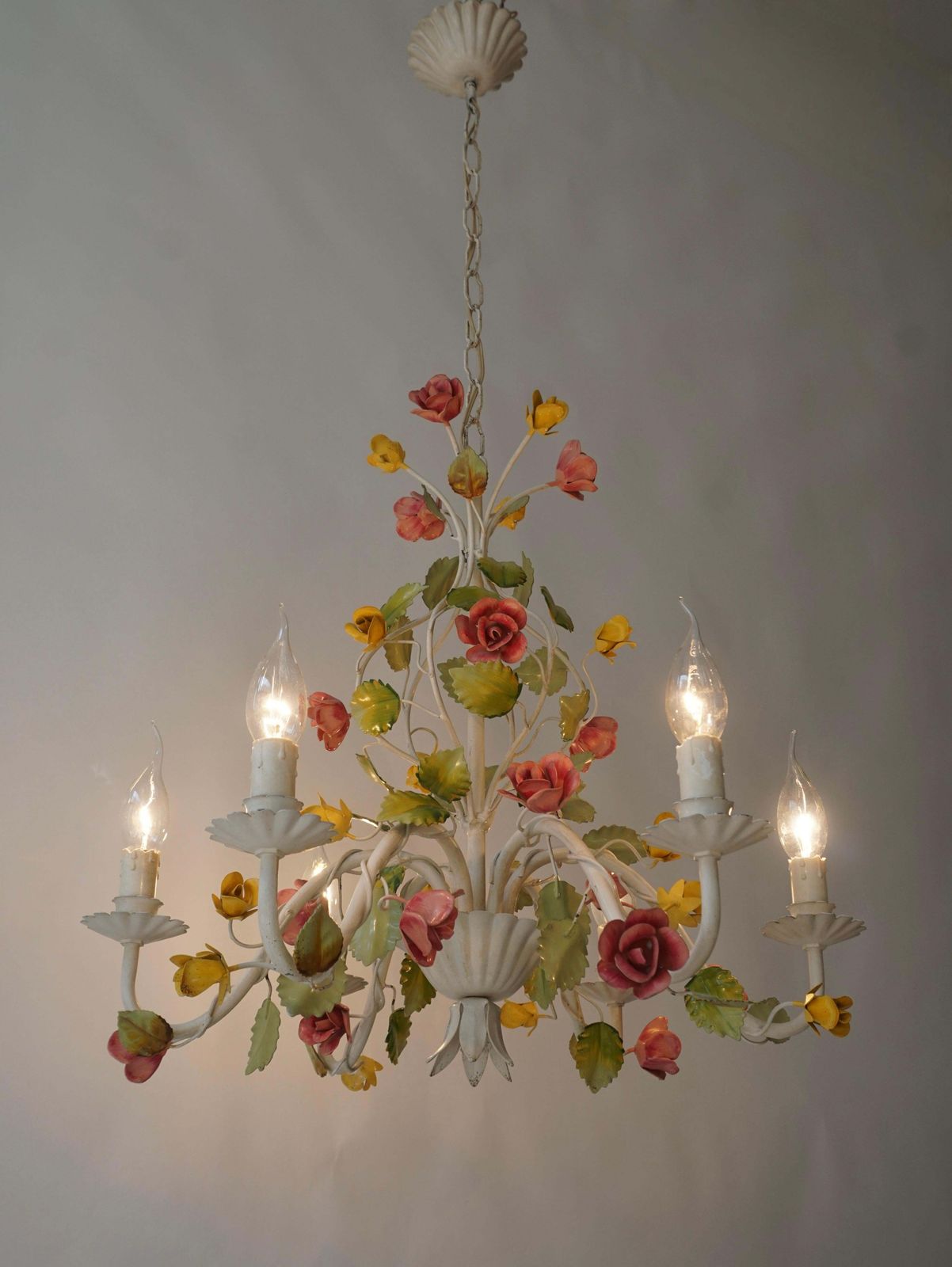 Mid Century Tole Italian Flower Six Light Chandelier photo Lighting