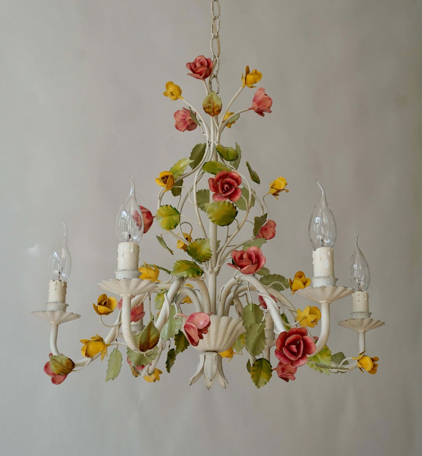 Mid Century Tole Italian Flower Six Light Chandelier photo vinterior