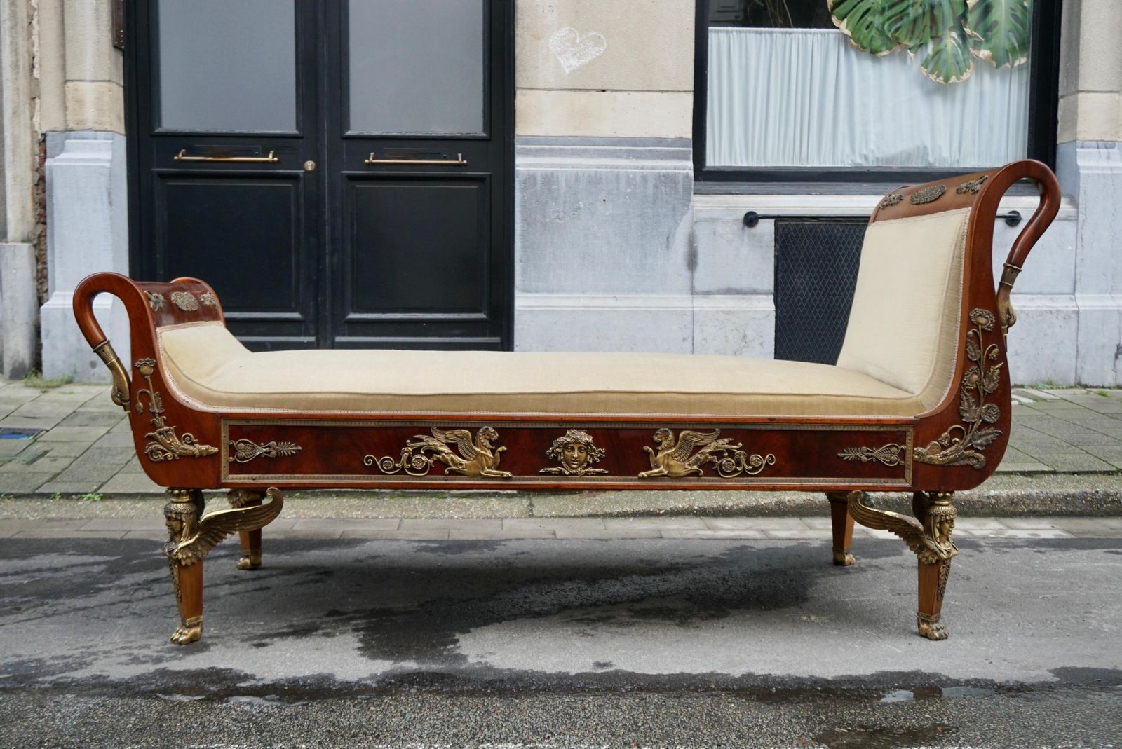 Incredible Gilt Bronze Mounted Swan Neck Daybed In French Empire Style photo vintage