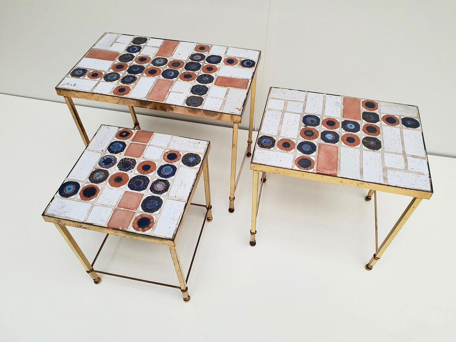 Set Of 3 Belgian Vintage Polished Brass And Ceramic Nesting Tables photo furniture
