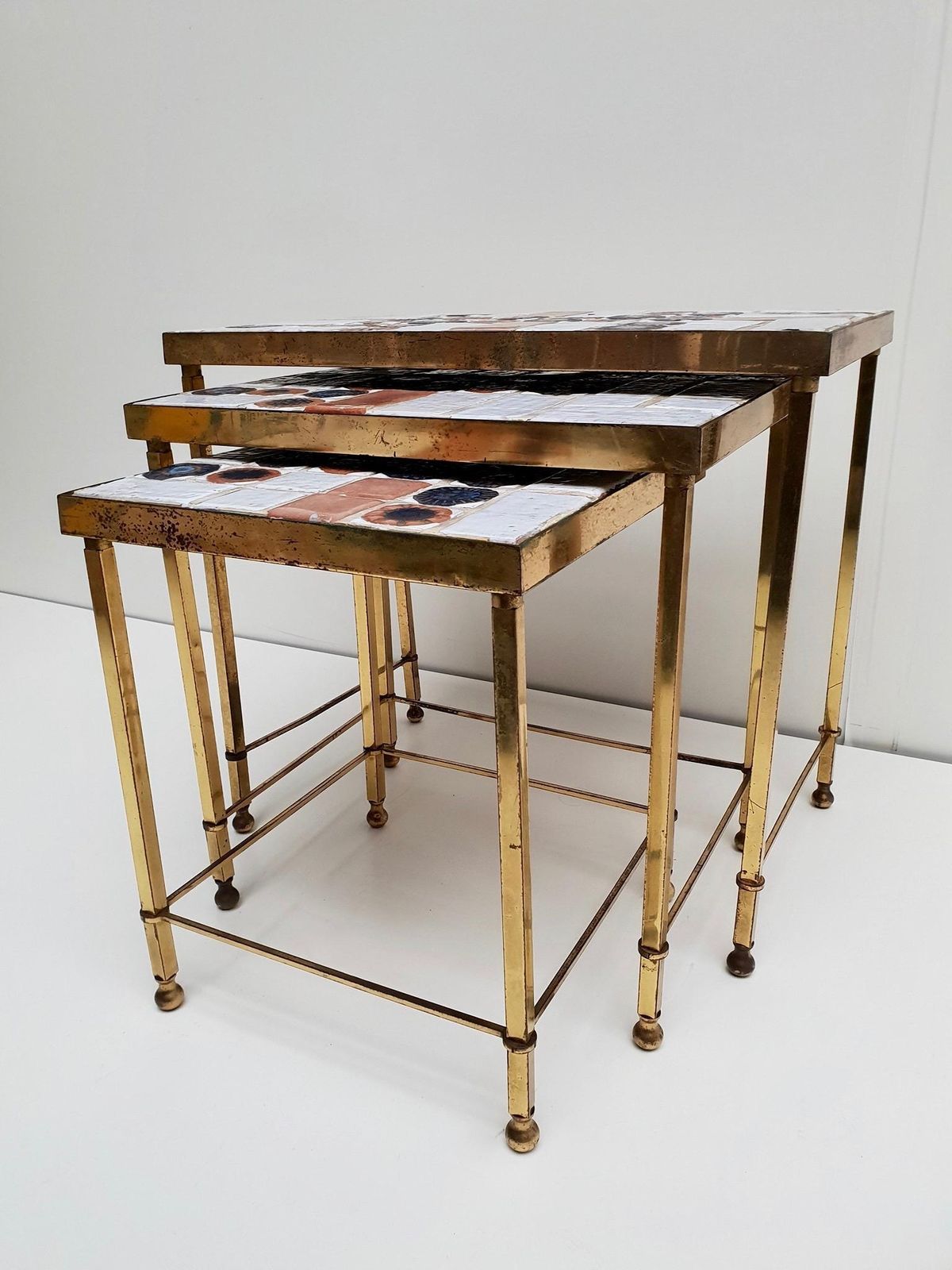 Furniture Set Of 3 Belgian Vintage Polished Brass And Ceramic Nesting Tables photo