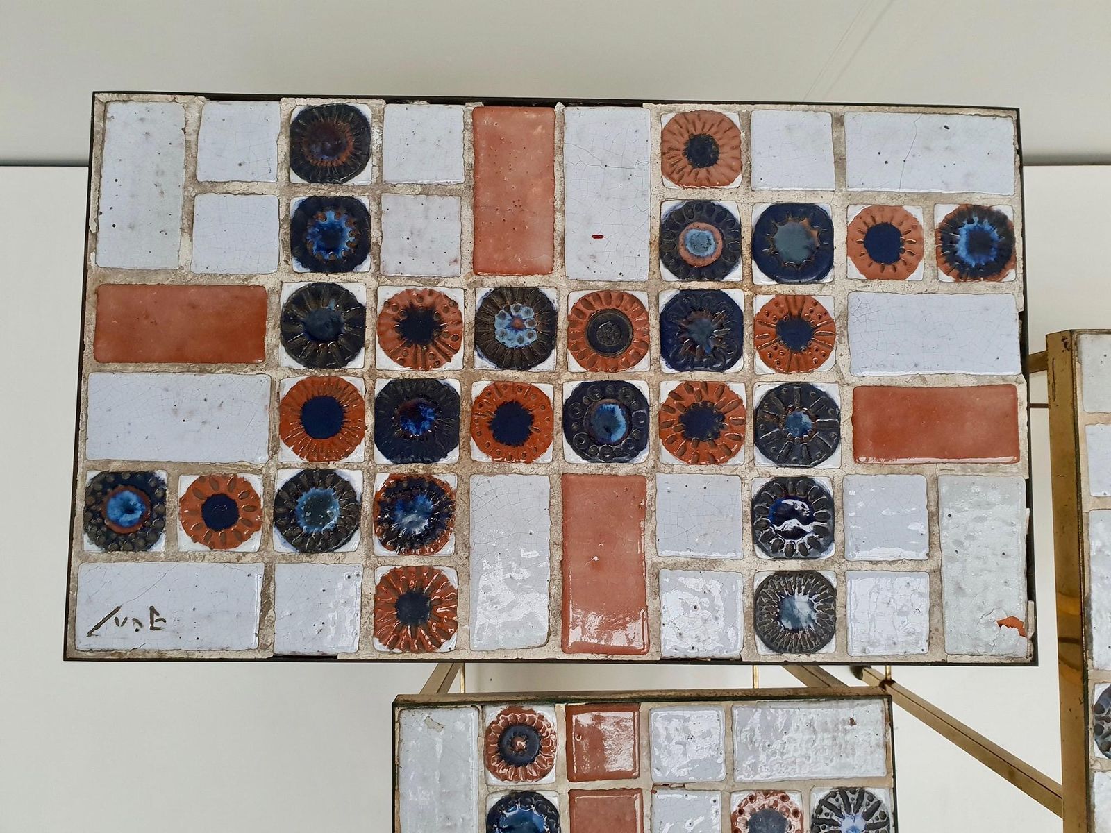 photo buy Set Of 3 Belgian Vintage Polished Brass And Ceramic Nesting Tables