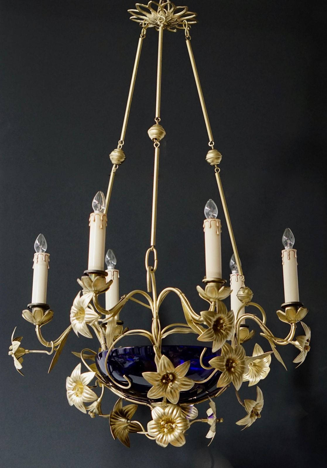 Italian Brass Chandelier With Lilies And Cranberry Glass photo furniture