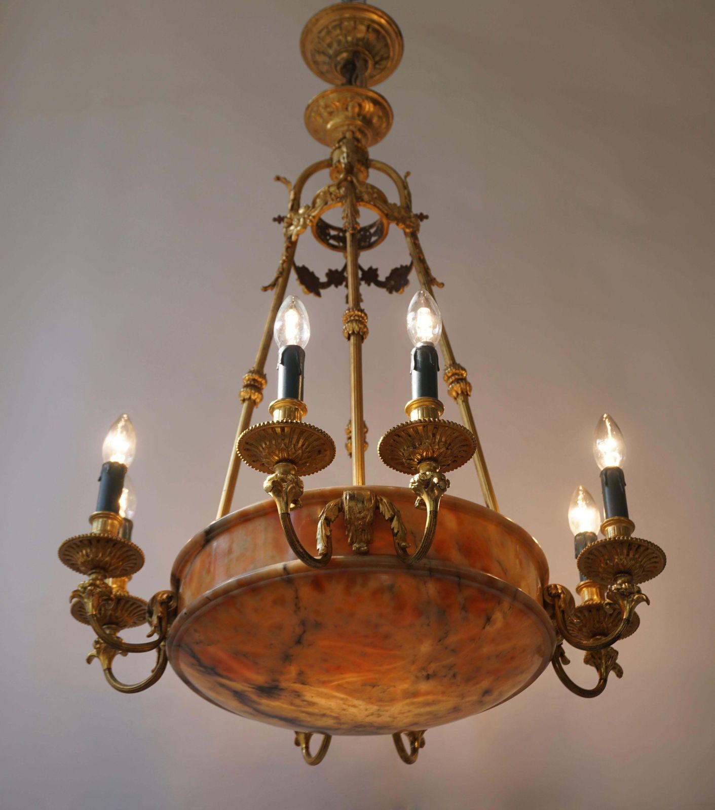 Rare Early French 20th Century Art Deco Bronze And Alabaster Chandelier photo vinterior